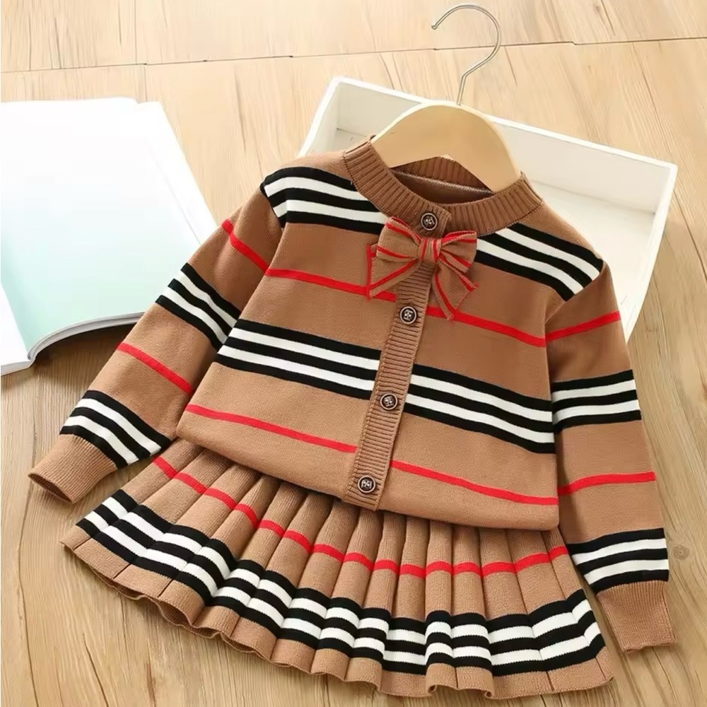 New Arrivals! Striped Brown Knit Cardigan and Skirt Set